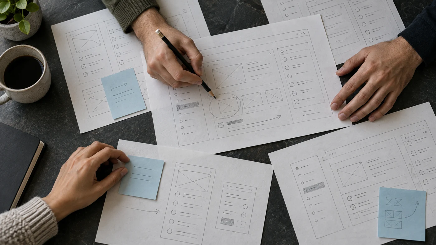 Hands marking up paper interface sketches together on a slate worktable