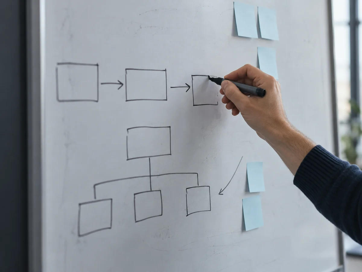 A hand sketching a simple business process on a whiteboard