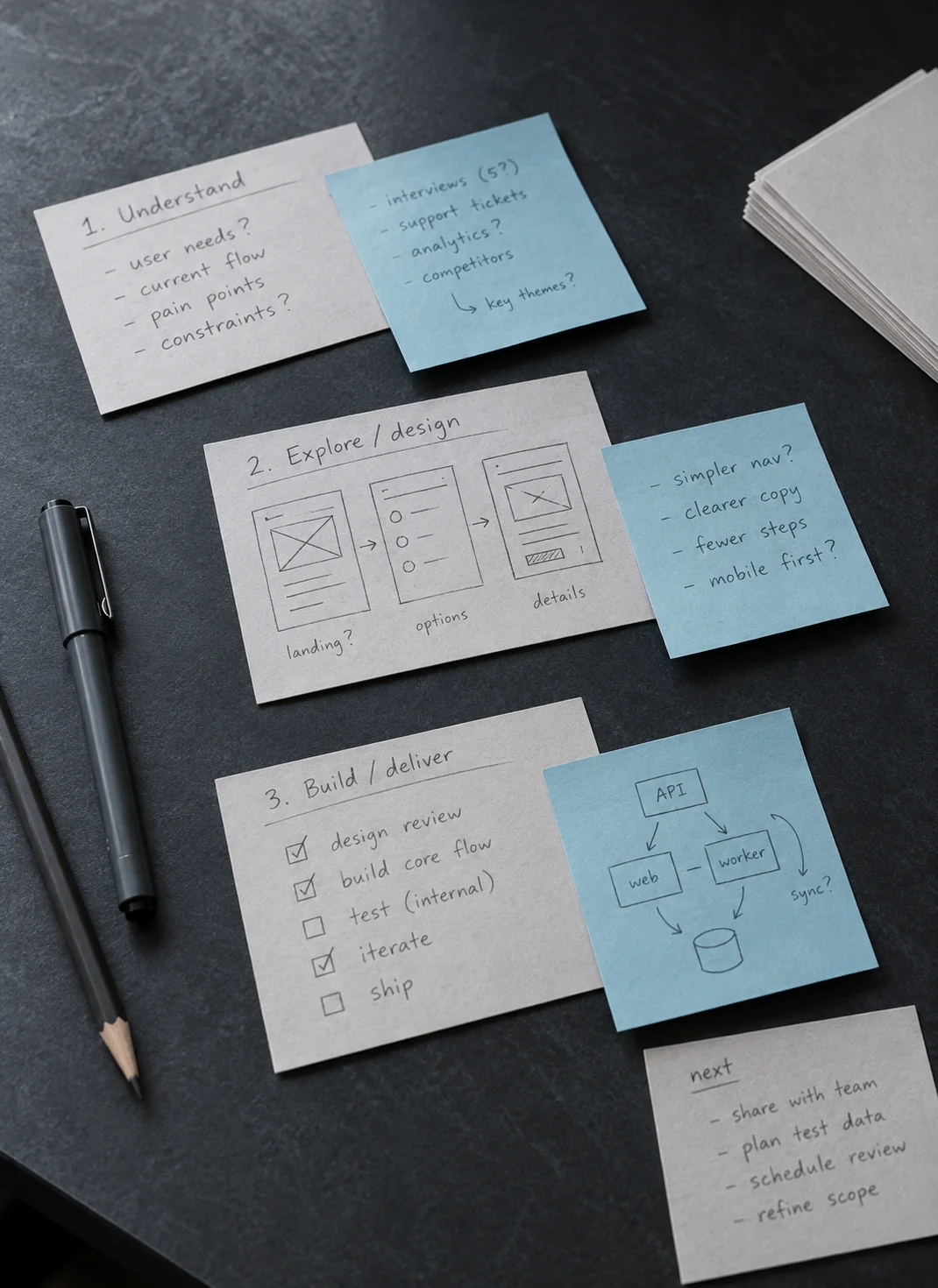 Paper planning notes and wireframe sketches arranged on a worktable