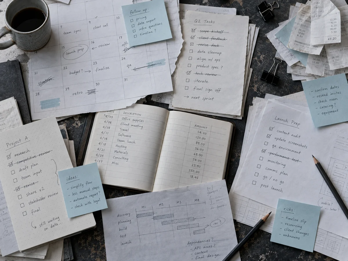 Scattered schedules, task lists, and notes spread across a worktable
